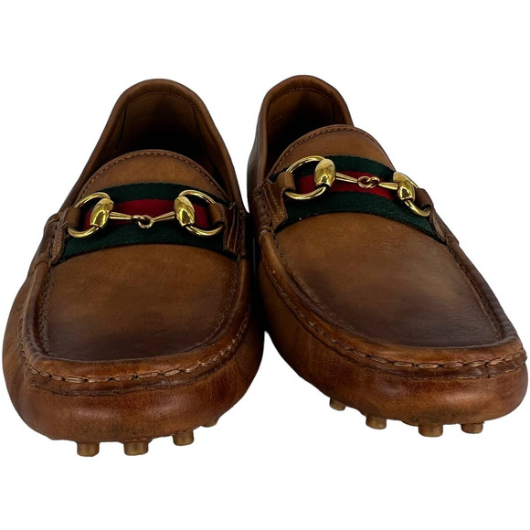 Gucci Web Horsebit Leather Driver Moccasins in Brown - Picture 9 of 16